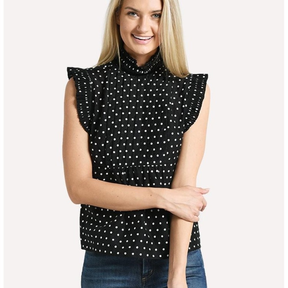 FRAME Silk Blend Sleeveless Top S Pleated‎ Black White Velvet Trim Polka Dot